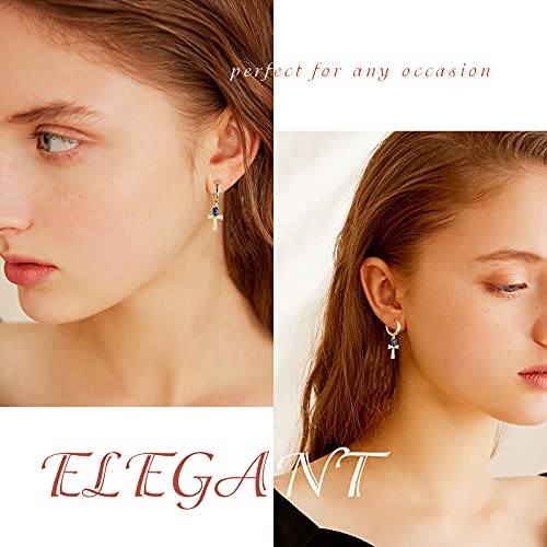 UHIBROS Gold Cross Hoop Earrings, 18K Gold Plated Pave CZ Gold Cross Small Hoop Earrings Dangle Sapphire Jewelry for Girls Women