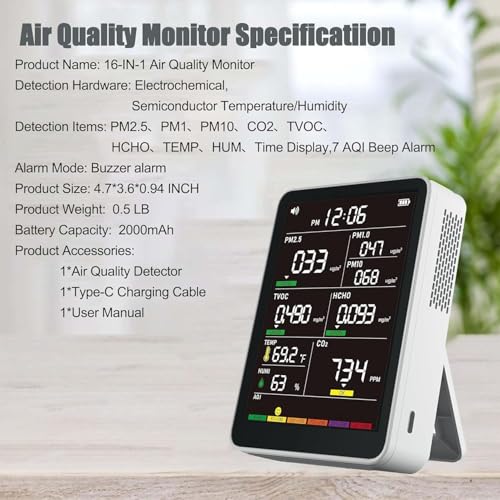 Professional Indoor Air Quality Monitor with AQI Alerts, Portable Real-Time Detector for Home, Car, Plants & Pet (Frost Moon White)