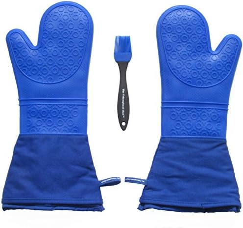 Super Flex Extra Long 17" Silicone Oven Mitt, Removable Quilted Liner, 1 Pair, Bonus Brush (Royal Blue)