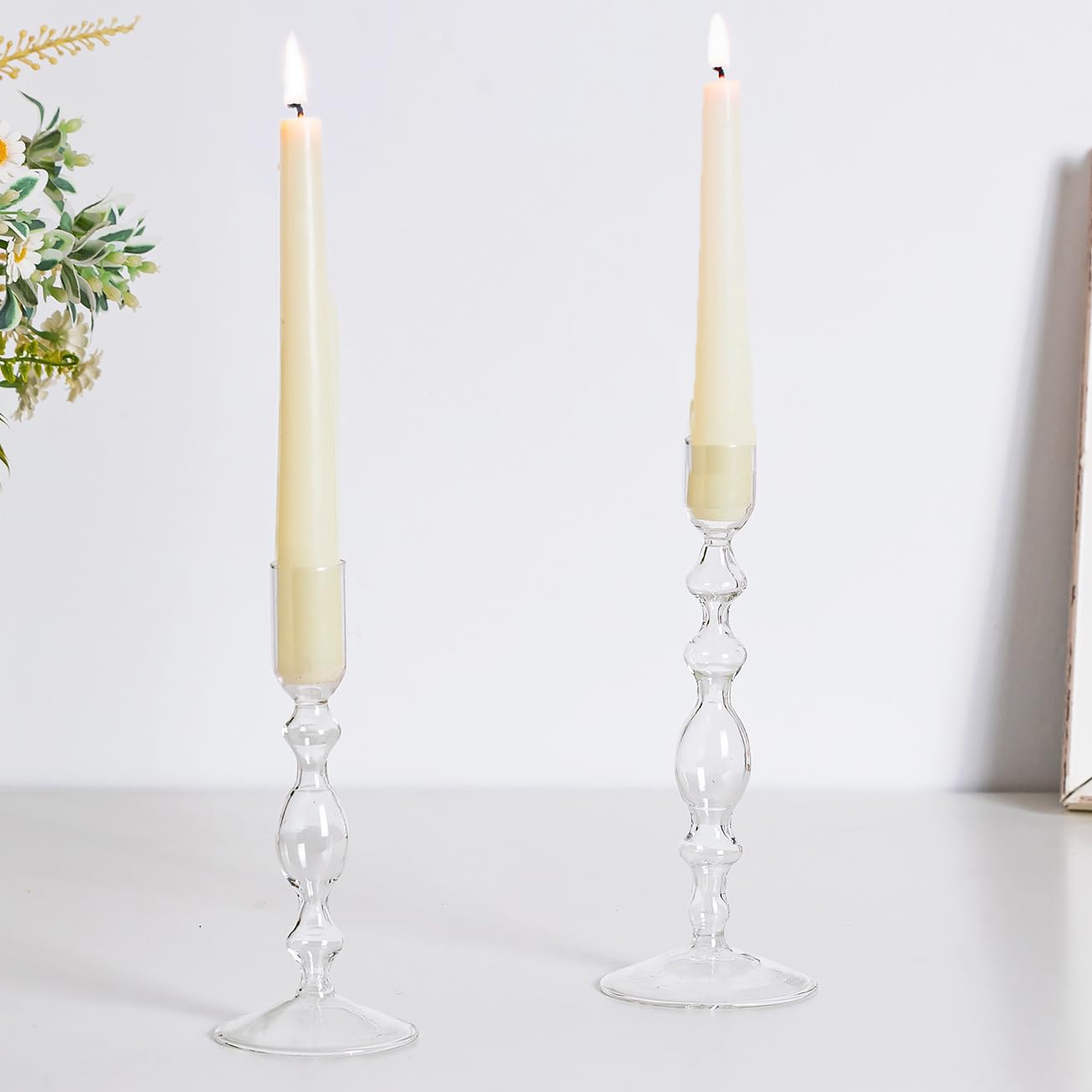 Hewory Candle Holders Glass Candlesticks: Clear Candle Sticks Holder for Tapered Candles 2pcs