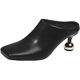 PTNOKA Women's Leather Closed Square Toe Metal Heel Mules Comfortable Slip On Low Heel Sandals Fashion Work Dress Pumps