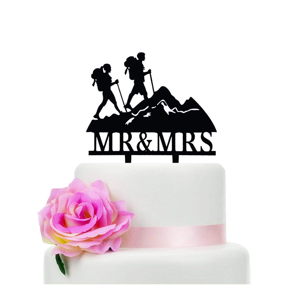 Photo 1 of YzYbuaego Mountain Wedding Cake Topper, Mr & Mrs, Hiking Theme, Black Acrylic, 6.1"W x 6.69"H, 1 Piece