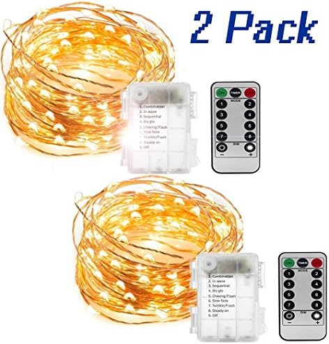 2 Pack Fairy String Lights, Battery Operated Waterproof 8 Modes Remote Control 60 LED String Lights 20 Feet Copper Wire Firefly lights for Bedroom Wedding Party Dinner Festival Decor Warm White