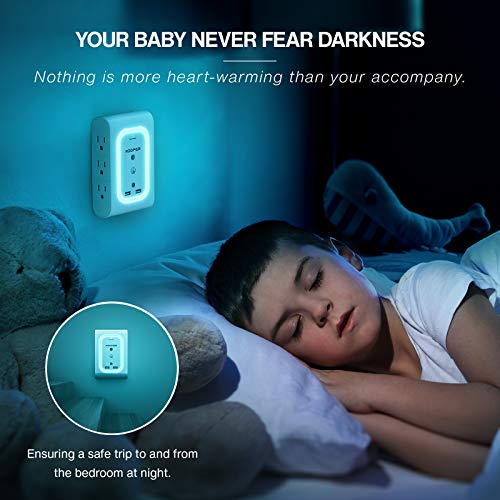 Outlet Extender, Surge Protector with Night Light(Dusk-to-Dawn Sensor), KOOPER 6-Outlet Adapter with 2 USB Ports, 1080J Wall Mount Outlet for Hallway, Stairs, Bathroom, Kitchen (Ice-Blue Light)
