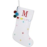 SIRIPHUM 19.5 Inches Initial Monogram White Christmas Stocking Personalized, Embroidered Letter Fleece Christmas Stocking with pom poms Decoration for Family Christmas Holiday Party Decor-M