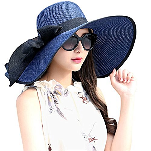 Womens big bowknot straw hat floppy foldable roll up be…