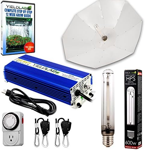 Yield Lab Horticulture 600w HPS Grow Light Umbrella Reflector Kit Easy Setup Full Spectrum System For Indoor Plants And Hydroponics โ Free Timer and 12 Week Grow Guide DVD