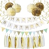 Alodidae White and Gold Birthday Decorations, White Happy Birthday Banner with Gold Foil Letters, Pom Poms Flowers Kit, Hanging Swirl, Pennant Flags for 1st Birthday, Kids, Girl, Adult (White)