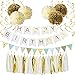 Alodidae White and Gold Birthday Decorations, White Happy Birthday Banner with Gold Foil Letters, Pom Poms Flowers Kit, Hanging Swirl, Pennant Flags for 1st Birthday, Kids, Girl, Adult (White)