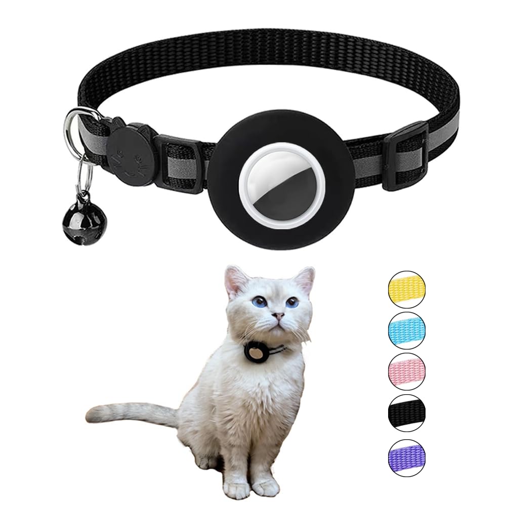 Hepplly Reflective Airtag Cat Collar with Bell and Airtag Holder, Compatible with Apple Airtag, Cat Collar with Breakable Safety Buckle for Kittens, Cat(Black)