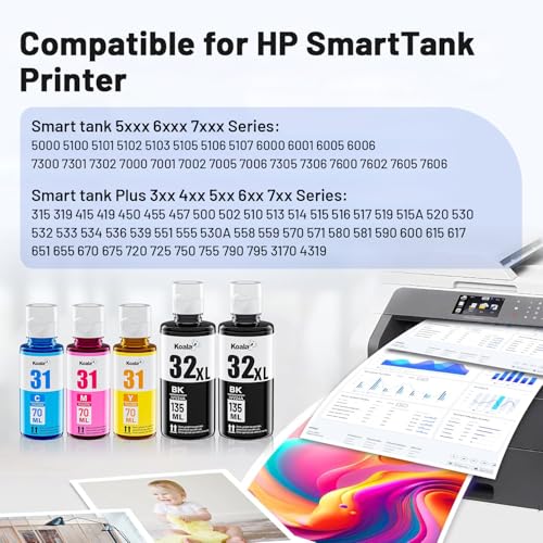 Koala 31 32XL Tinta Compatible con HP Smart Tank 5105 7005 7305 5100 5106 5108, Tinta 31 32 XL para Smart Tank 7005 7605 7006 7306 455 515 519 530 558 559 cm. 70 655 670 750 790 (5 Paquetes)