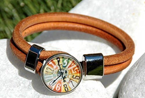 Brown Leather Halskette for Snap Jewelry and Ginger Snaps Jewelry, Interchangeable Snap Bracelet, Noosa Style, with Clock Snap Charm. Snap Included.