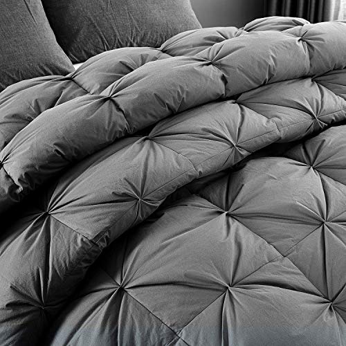 HOMBYS Feather and Down Comforter Queen Size, 90x90 Pinch Pleat Duvet Insert with 100% Cotton Cover, Grey Fluffy Thick Comforter with Corner Tabs for All Season