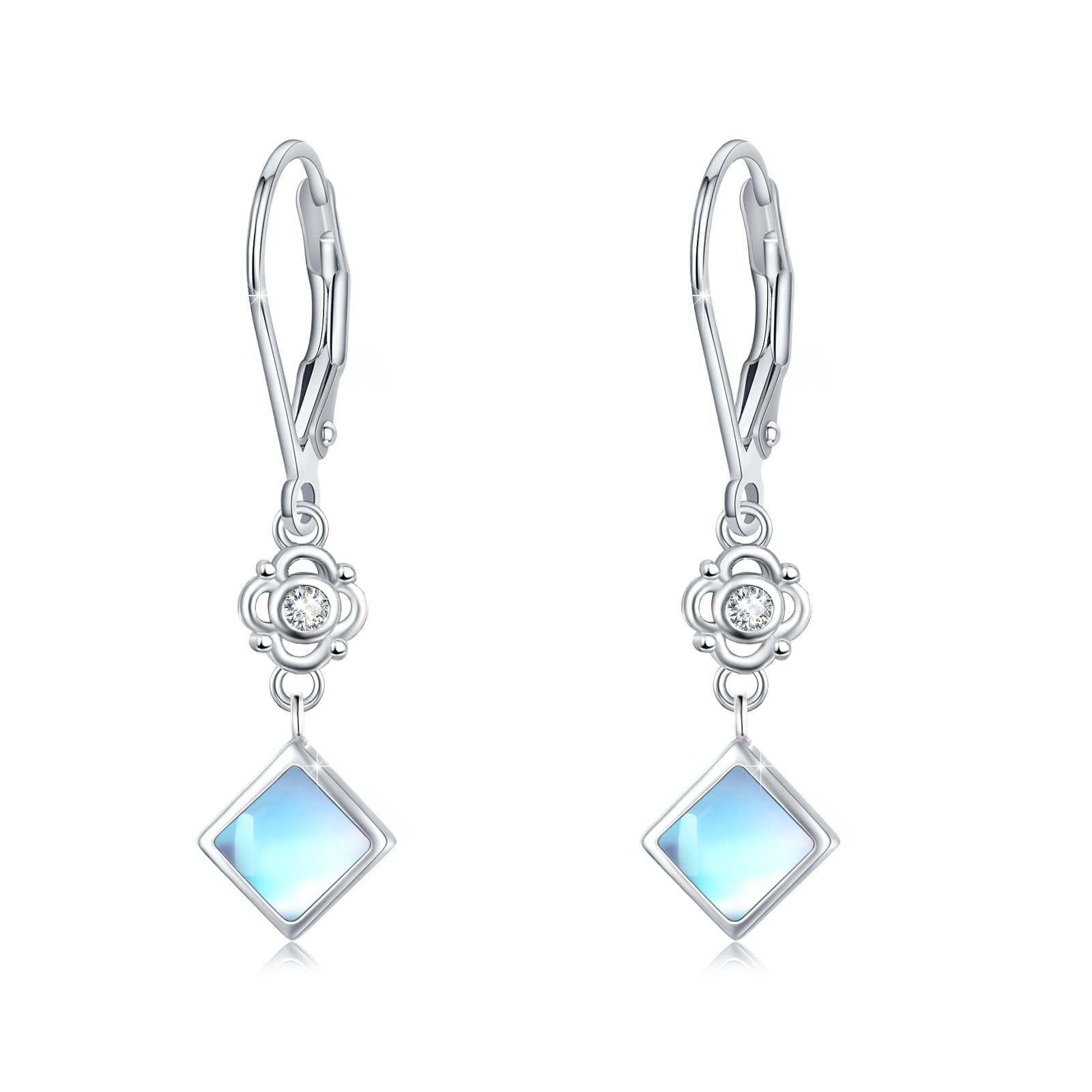 Moonstone Earrings Women, 925 Sterling Silver Moonstone Hoop Earrings Hanging Earrings Drop Leverback Rainbow Jewellery Gift Christmas for Women Girls Children