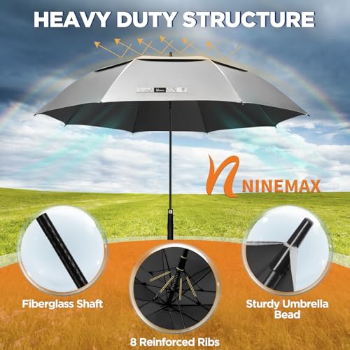 NINEMAX Large Sun Umbrella, Anti UV Umbrella, Golf Umbrellas Large Size Storm Umbrella, Solid Anti-Wind Umbrella Shatterproof for Men Women 2 People (Silver/Black)