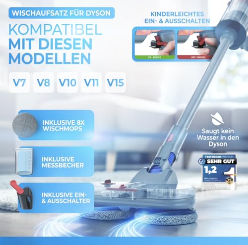 Test Winner - Mop Attachment for Dyson V7/V8/V10/V11/V15/Gen5 - Electric Vacuum Cleaner - Mop Attachment - Wet and Dry Vacuum Cleaner - with Removable Water Tank, Filling Container & 8 Washable Mops