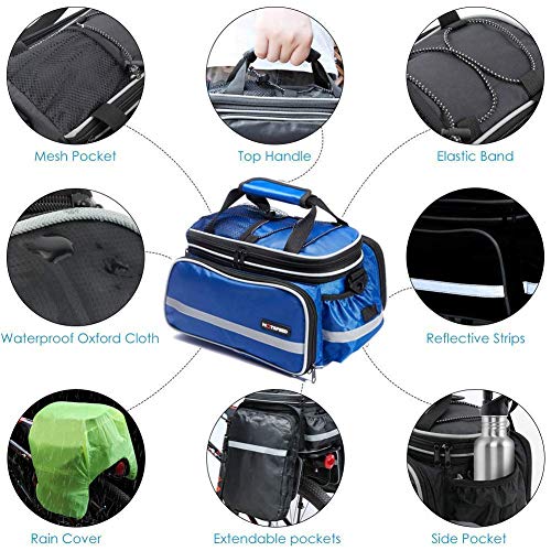 CamGo Bike Rear Seat Bag Waterproof Bicycle Rack Trunk Pannier Portable Frame Bags with Raincoat/Lengthened Shoulder Strap (Blue)