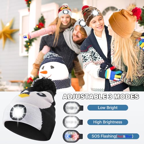 LED Beanie with Light for Kids, USB Rechargeable Headlamp Beanie Cap with LED Slap Bracelet, Unisex Winter Warm Knit Night Light Hat for Camping Running Walking, Knit Beanie Gift for Boys and Girls