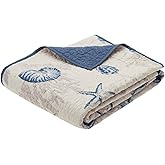 Madison Park Bayside Luxury Oversized Quilted Throw Ivory Navy Blue 60x70 Coastal Premium Soft Cozy Microfiber For Bed, Couch or Sofa