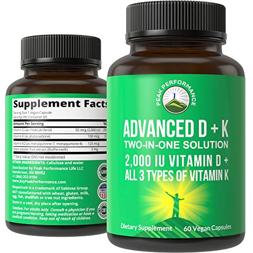 Peak Performance Advanced Vitamin D 2000 IU with All 3 Types of Vitamin K Vitamin D3 and Vitamin