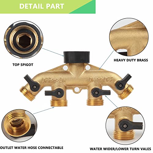 Heavy Duty Brass Garden Hose Y Splitter Connect Faucet 4 Way, 3/4
