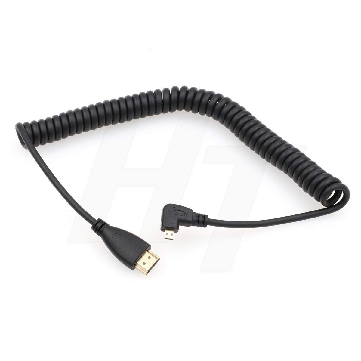 HangTon Left Angled 90 Degree Micro HDMI to HDMI HDTV Spiral Cable for Cell Phone Tablet Laptop DV Camera Computer Monitor 4ft