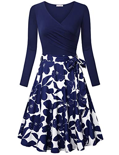 Messic Fall Dress for Women Women's Long Sleeve V Neck Dresses Vintage Elegant Flared Dress Multicolor Blue X-Large