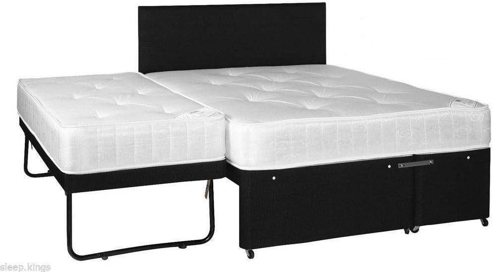 sleepkings 4ft 6 Small Double Divan Guest Bed. 3 in 1 Guest Divan Bed with 2 x Mattresses Trundle and Matching Headboard (Black)