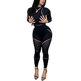 Ophestin Womens Sexy 2 Piece Club Outfits Mesh Hollow Out Long Sleeve Jumpsuit Bodysuit and Leggings Set