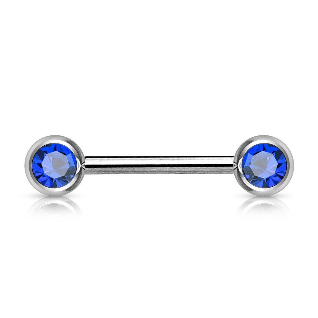 PiercedOff 316L Surgical Steel Nipple Bar with Externally Threaded Forward Facing Blue CZ Gem Balls (Thickness 14GA (1.6mm) / Length 12mm / Ball Sizes 5mm)