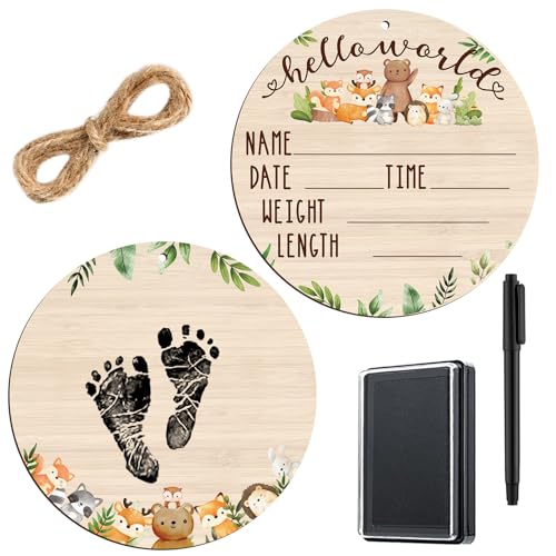 Thyle Baby Announcement Wooden Name Sign for Hospital Birth Double Sided Newborn Welcome Sign with Marker Pen and Ink Pad for Baby Shower Hand Footprints(Jungle)
