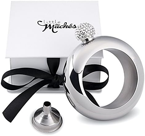 Little Maches Bangle Hidden Stainless Steel Flask Bracelet Sneak Alcohol / Liquor / Wine Great Gift For Women (Silver With Rhinestones (Lid))