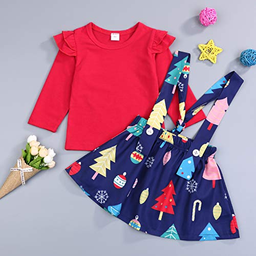 Toddler Kids Baby Girls Outfits Ruffle Top Christmas Tree Suspender Skirt Set 2PCS Clothes Set Winter (Blue, 12-18 Months)