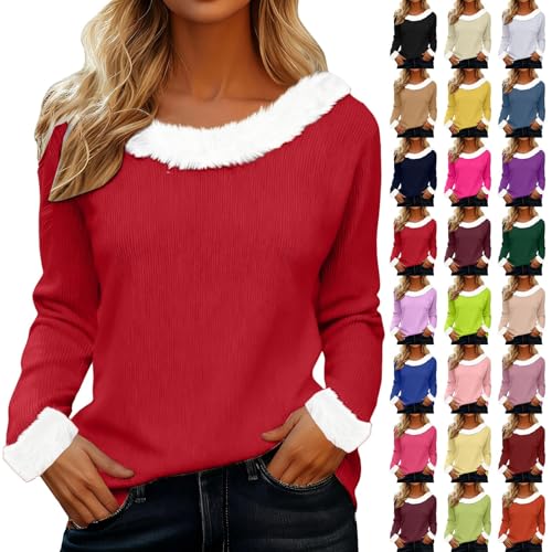 Nuaoxyeu Christmas t Shirts Women Christmas Jumpers for Women Plush Collar Cuffs Round Neck Sweaters Loose Fit Casual Tunic Tops Autumn Winter Sweatshirts Baggy Funny Ladies Jumper