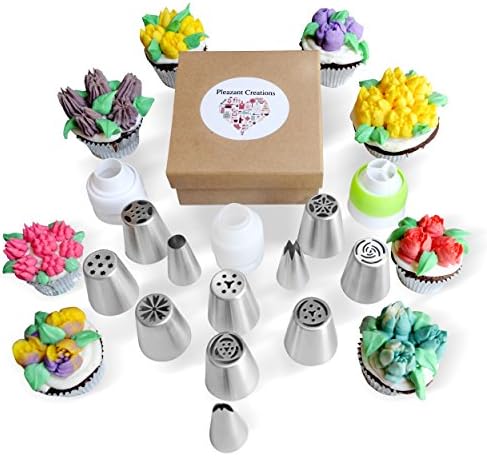 Russian Piping Tips Set-8 Large Flower Frosting Tips,2 Cupcake Icing Tips,1 Leaf Nozzle,3 Couplers, l0 Disposable Pastry Bags, Baking Decorating Supply kit for cakes, and Our Own Instructional Video