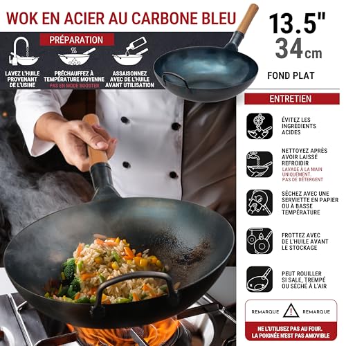 YOSUKATA Woks & Frying Pans 34 cm - Flat Bottom Wok in Blue Carbon Steel, Pre-Seasoned Suitable for Induction, Electric Hobs, Gas and Open Fires - Traditional Chinese Frying Pans