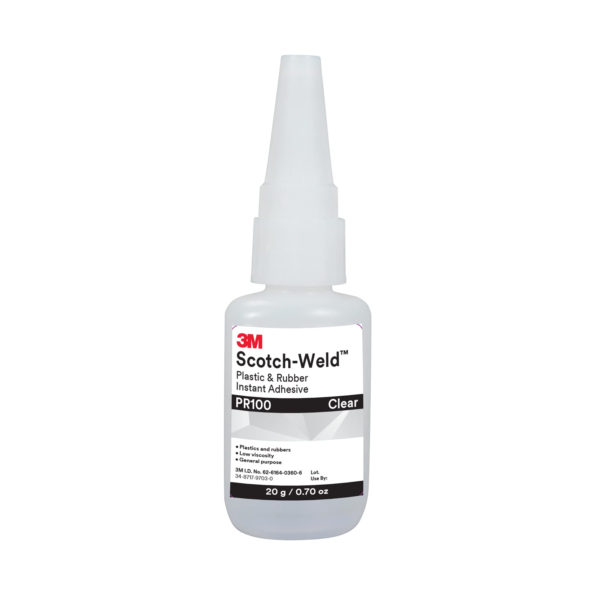 Photo 1 of 3M Scotch-Weld Plastic & Rubber Instant Adhesive PR100, Clear, Low Viscosity, Fast Handling Time and Cure, 20 g (0.07 fl oz) Bottle