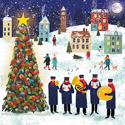 The Almanac Gallery Pack of 6 Artistic Charity Christmas Cards - 'Carols By The Tree' - Village Brass Band at Night - From The Great British Card Company