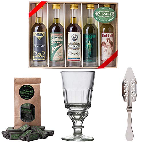 Absinth Starter Set | Komplett mit 5x original Absinth | 1x Absinth Glas | 1x Absinth Löffel | 1x Zuckerwürfel | Auch…