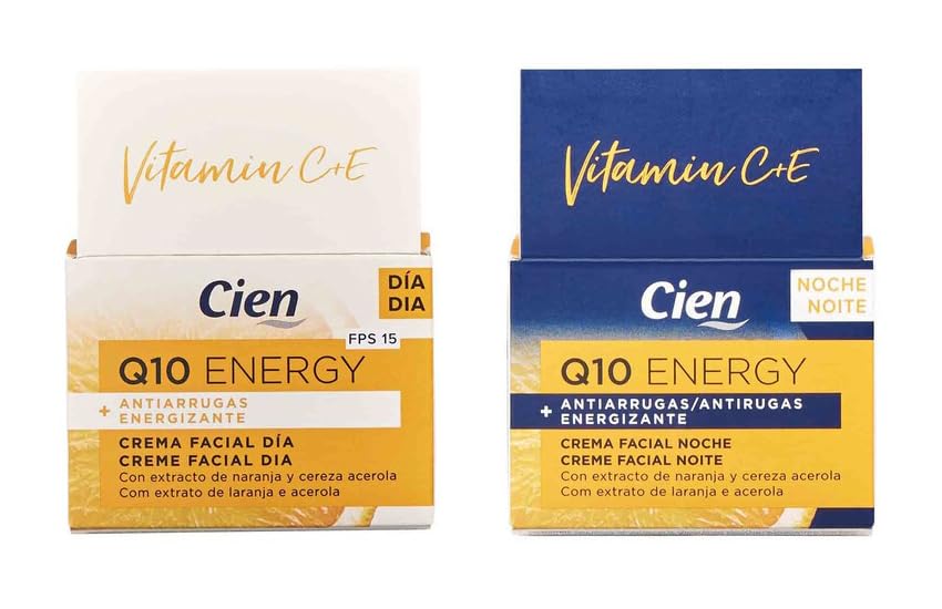 Pack 2 – Cien Energy – Day Face Cream + Q10 Energy Anti-Wrinkle Night Face Cream 50 ml Energizing with Orange and Cherry Extract Acerola – Pack 2