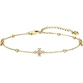 Cicy Bell Womens Bracelets 18k Gold Plated White Shell Cubic Zirconia Square Cross Adjustable Chain Link Bracelets for Women 6.69" with 2" Extender