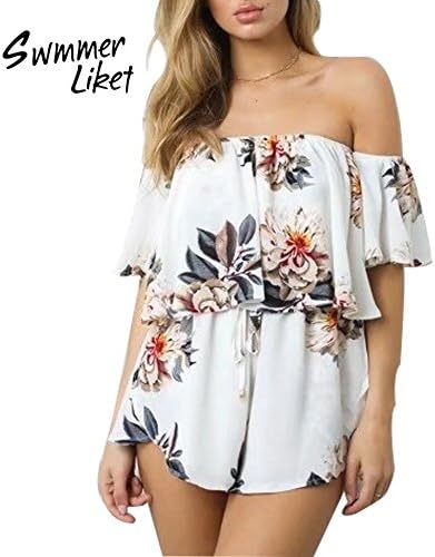 SWMMER LIKET Women's Casual Off Shoulder Boho Style Floral Print Beach jumpsuits,white,,Small