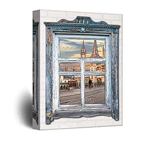 Canvas Wall Art Rustic View Through Vintage Window Theme Painting Artwork for Home Prints Framed - 12x18 inches