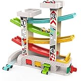 TOP BRIGHT Car Ramp Toy for 1 Year Old 2 Year Old Boy Gifts, Toddler Race Track Toy with 4 Wooden Cars and 3 Car Garage