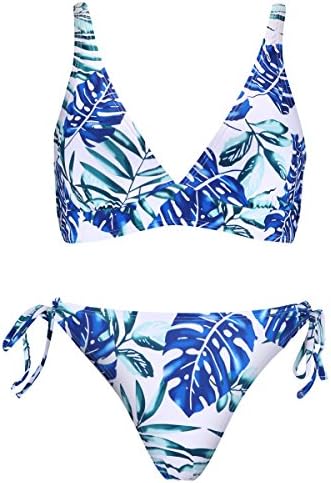 TRANGEL Tropical Leaves Print Padding Bikini, Tie Side Bottom Bathing Suit(Printing-M)