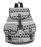 Kobwa(TM) Black White Vintage Floral Diamond Grid Canvas Ladies Travel School Bag Girls Backpack with Kobwa's Keyring