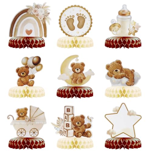 MOTIBACK 9pcs Teddy Bear Honeycomb Centerpieces for Baby Shower, Brown Theme Table Decorations Table Toppers for Gender Reveal Party Supplies