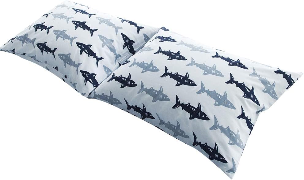 BuLuTu Cotton Navy/Grey Shark Print Bed Pillowcases Set of 2 Queen White Fish Pillow Covers Decorative Standard For Boys Girls Envelope Closure End-Premium,Breathable,Hypoallergenic (2 Pieces,20"×26")