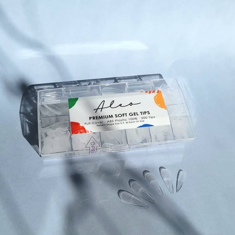 ALEO Full Cover Soft Gel Tips Medium Stiletto 500 Pcs - Flexible & Durable Soak Off Nail Extensions, Pre-Shaped Artificial Nails for Manicures, 10 Sizes