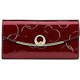 Wallet Women's Genuine Leather Long Three Fold Wallet Bright Leather Large Capacity Buckle, Circled Embossed Pattern, RFID and Magnetic Anti Theft (Wine Red)